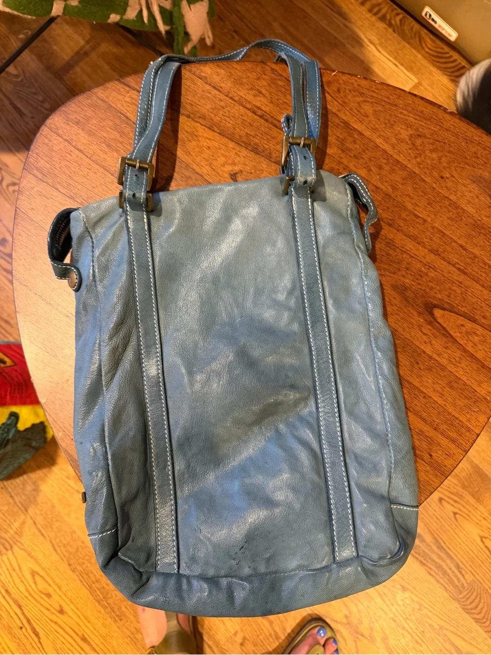 Vintage Campomaggi Teal Leather Tote Bag with Front Flap Pocket
